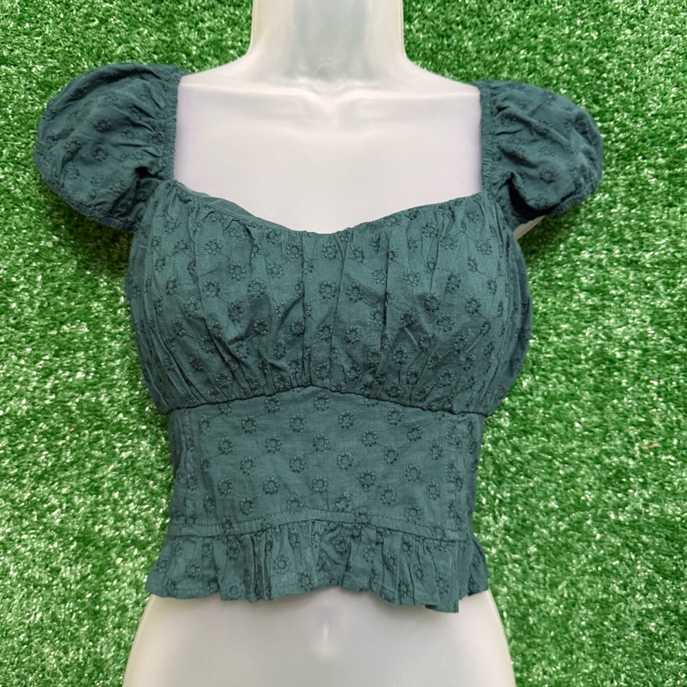 Hollister Forest Green Puff Sleeve Milkmaid Eyelet Crop Top Large